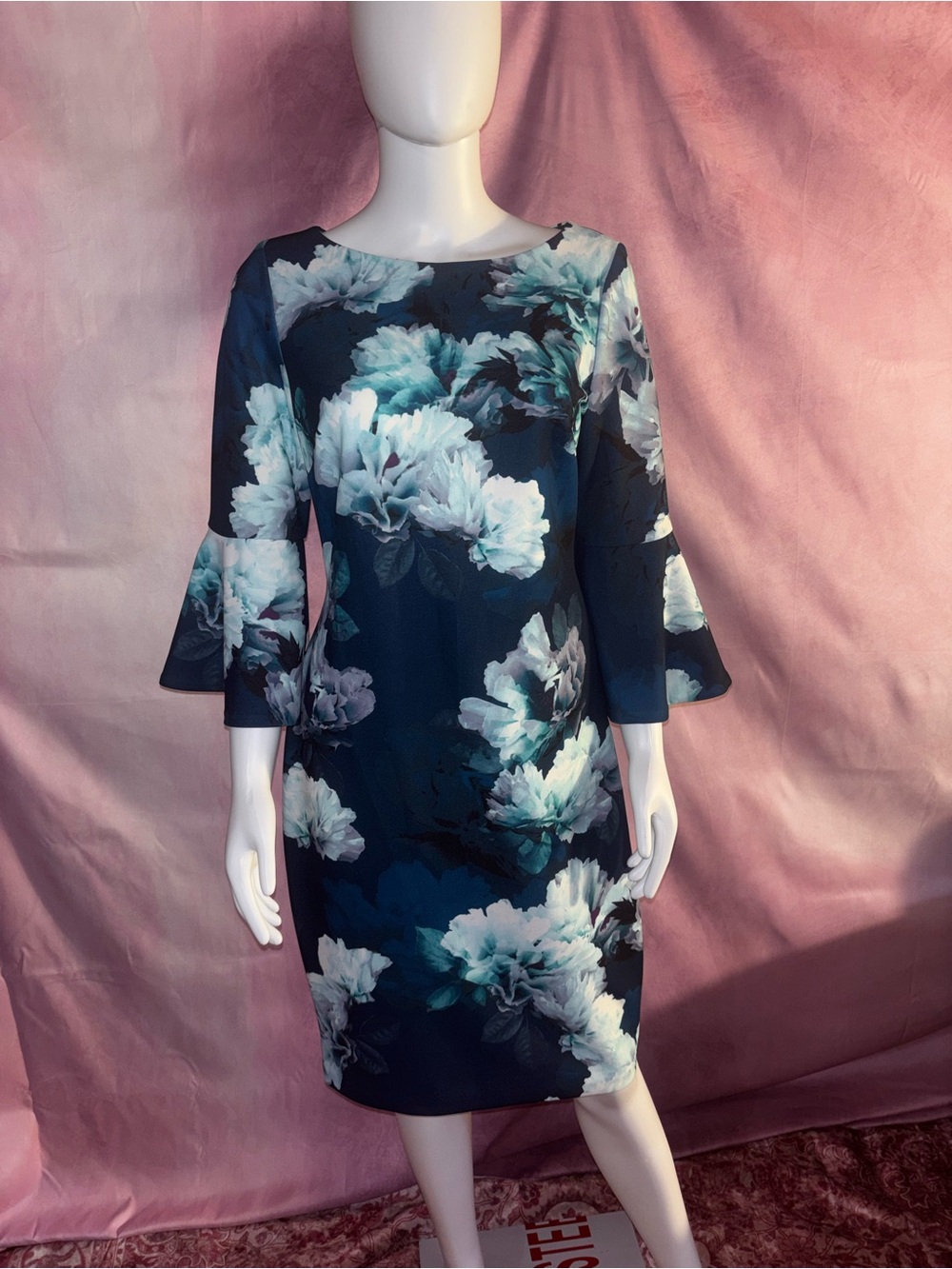 Calvin Klein Navy Floral Bell-Sleeve Midi Dress